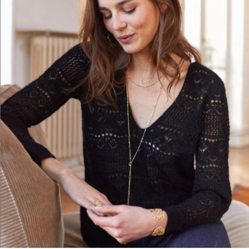 SEZANE Maiya V Neck V Back Sweater Jumper Loose Knit Lace Black Mohair Wool Airy